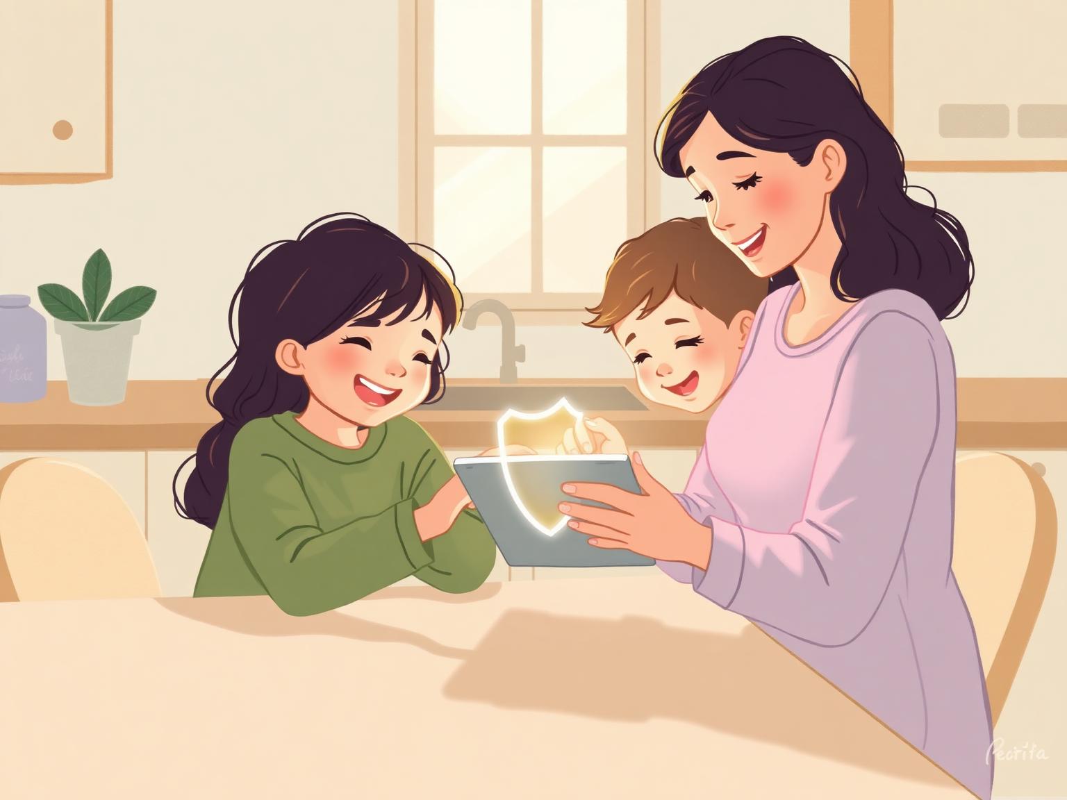 Parent and children safely using AI together at the kitchen table